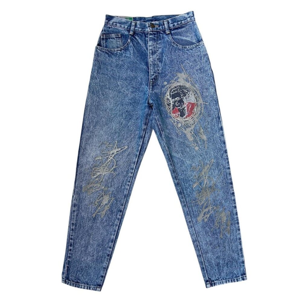 80s vintage highwaisted acidwash jeans graffiti painted grunge punk skater.